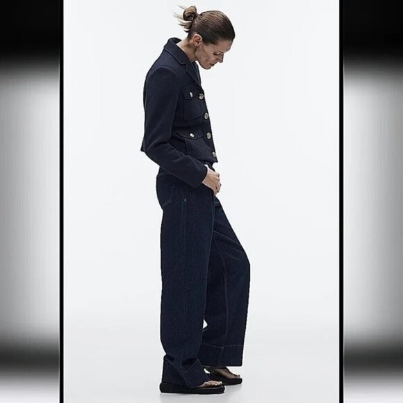 New Zara Cropped Gold Button Front Navy Jacket Blogger Fav NWT Small 3046/086 - Picture 7 of 16